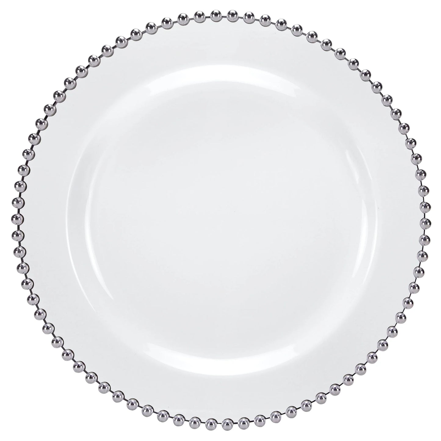 Elegant Beaded Silver/White Plate available in 7.75-inch and 10.5-inch sizes, perfect for weddings, banquets, and upscale events with a stylish silver beaded rim design.