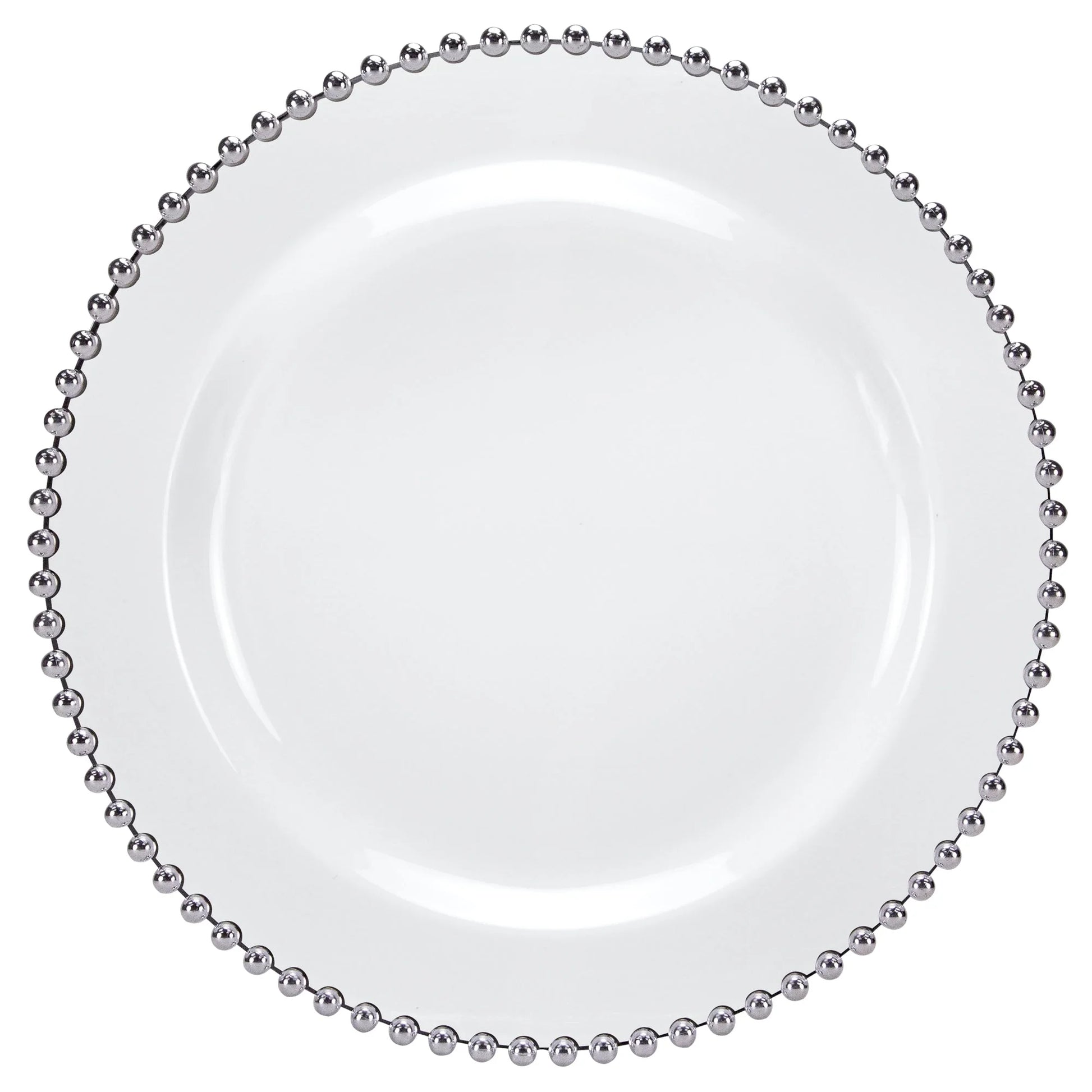 Elegant Beaded Silver/White Plate available in 7.75-inch and 10.5-inch sizes, perfect for weddings, banquets, and upscale events with a stylish silver beaded rim design.