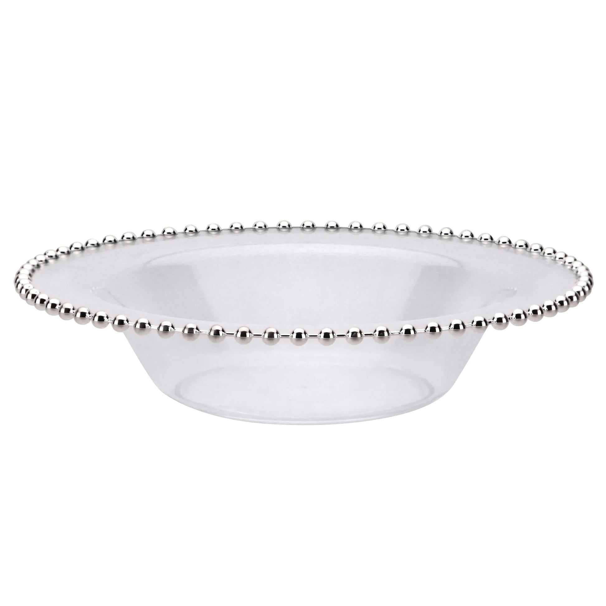Beaded 14oz Silver/Clear Bowl featuring a silver beaded rim and clear body, perfect for serving soups, salads, and desserts at elegant events like weddings and parties.