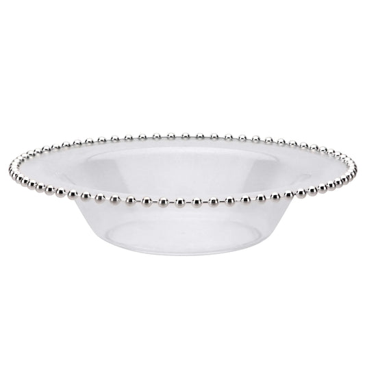 Beaded 14oz Silver/Clear Bowl featuring a silver beaded rim and clear body, perfect for serving soups, salads, and desserts at elegant events like weddings and parties.