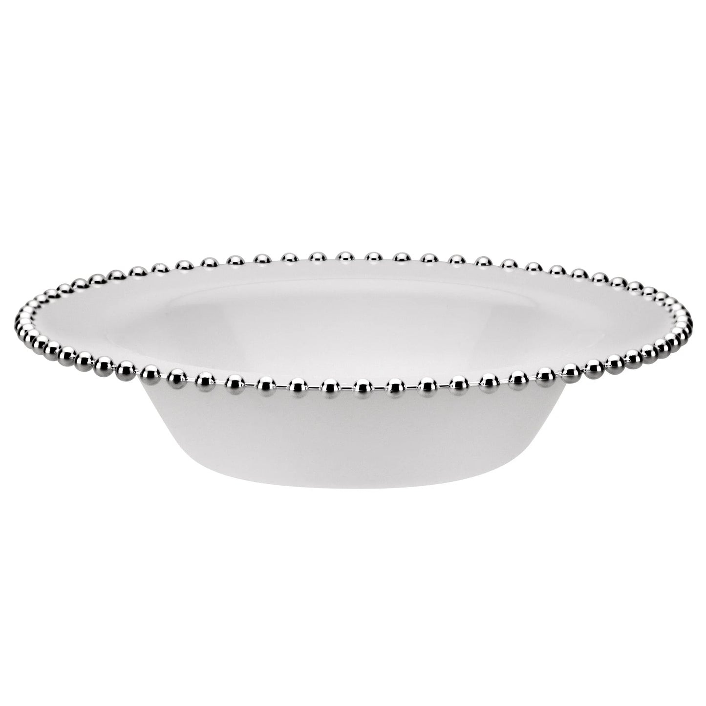 Beaded 14oz Silver/White Bowl featuring an elegant silver beaded rim, perfect for serving soups, salads, and desserts at weddings, parties, and upscale events.