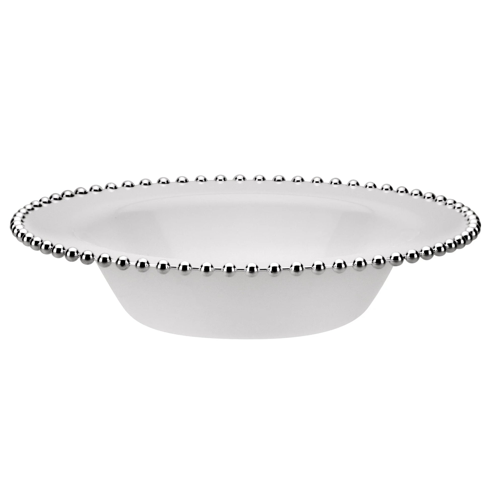 Beaded 14oz Silver/White Bowl featuring an elegant silver beaded rim, perfect for serving soups, salads, and desserts at weddings, parties, and upscale events.