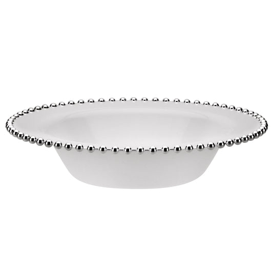 Beaded 14oz Silver/White Bowl featuring an elegant silver beaded rim, perfect for serving soups, salads, and desserts at weddings, parties, and upscale events.