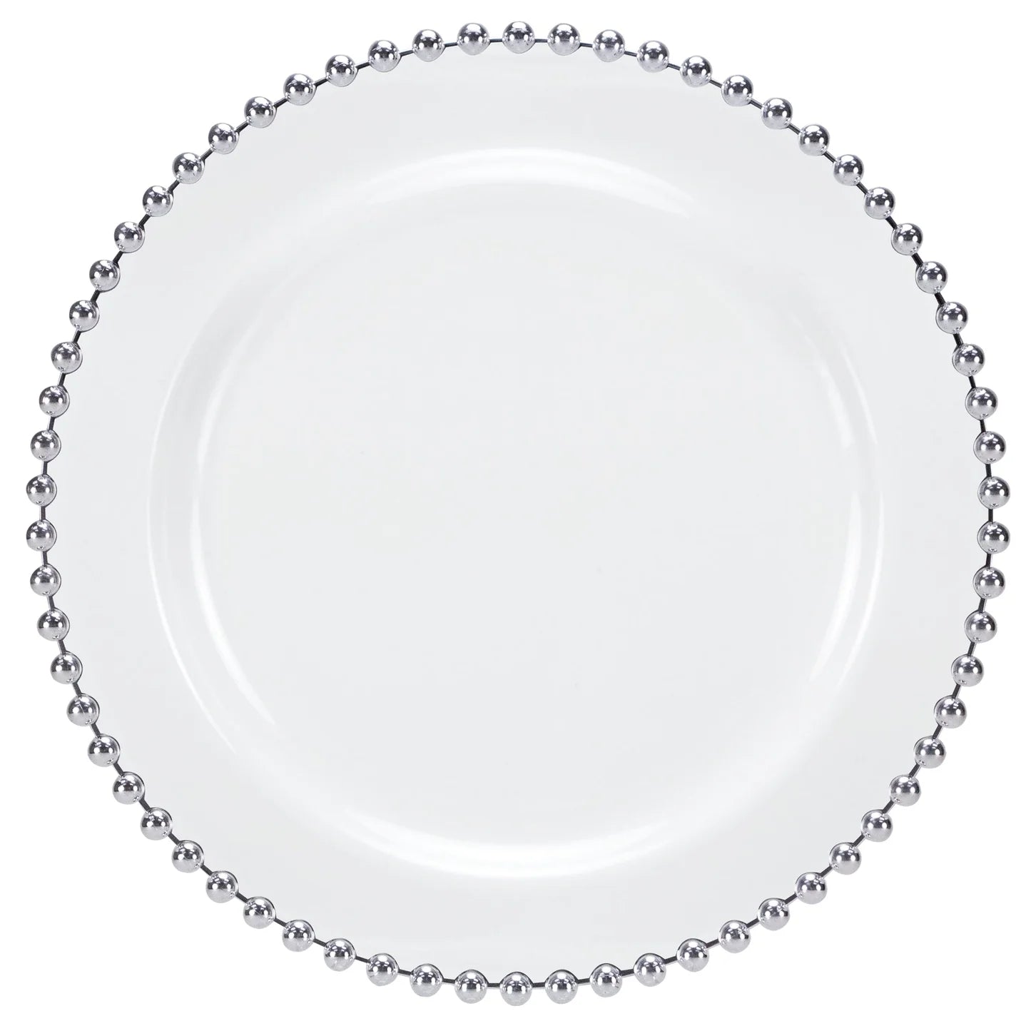 Elegant Beaded Silver/White Plate available in 7.75-inch and 10.5-inch sizes, perfect for weddings, banquets, and upscale events with a stylish silver beaded rim design.