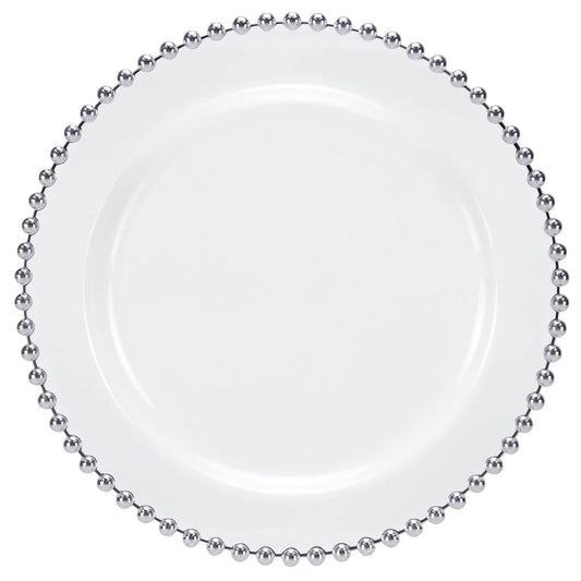 Elegant Beaded Silver/White Plate available in 7.75-inch and 10.5-inch sizes, perfect for weddings, banquets, and upscale events with a stylish silver beaded rim design.