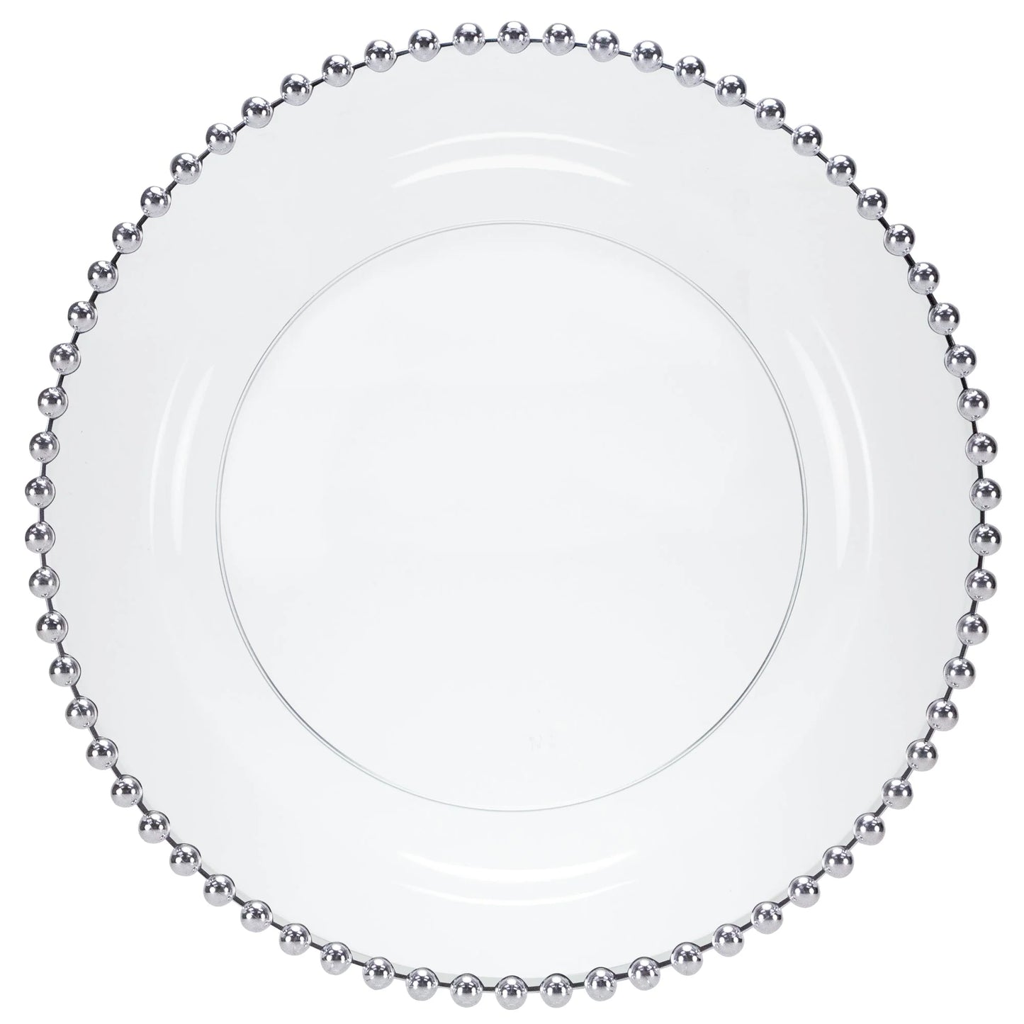 Beaded Silver/Clear Plate with a stylish silver beaded rim, available in 7.75-inch and 10.5-inch sizes, ideal for elegant dining at weddings, banquets, and parties.