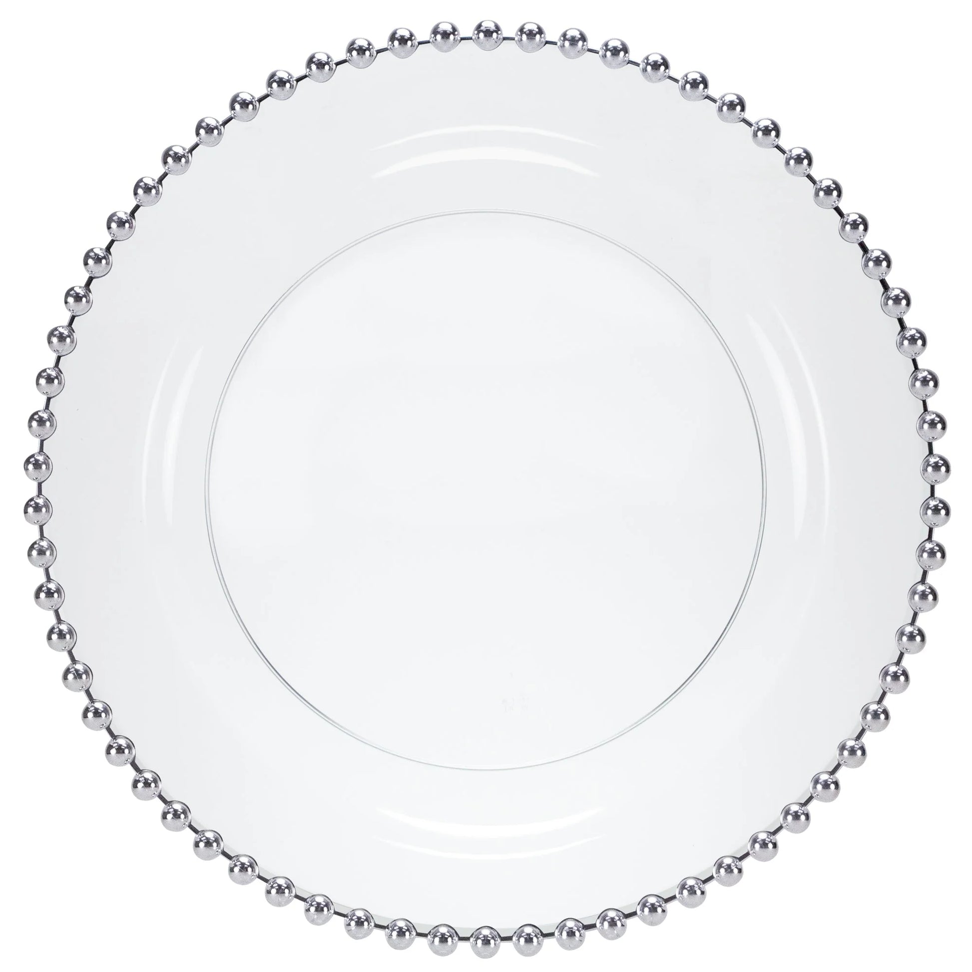 Beaded Silver/Clear Plate with a stylish silver beaded rim, available in 7.75-inch and 10.5-inch sizes, ideal for elegant dining at weddings, banquets, and parties.