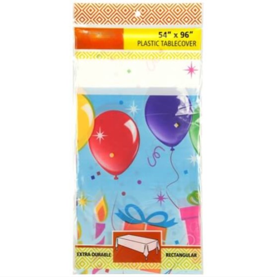 Birthday Balloons 54"x96" plastic disposable table cover with colorful balloon design. Perfect for birthdays, parties, and celebrations. Protects tables from spills. Easy cleanup and festive decoration.