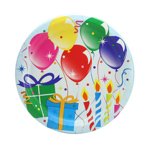 9" Birthday Balloons disposable plates with a colorful design. Sturdy, high-count party pack for serving cake, snacks, and meals. Ideal for kids’ and adults’ birthday celebrations. Easy cleanup.