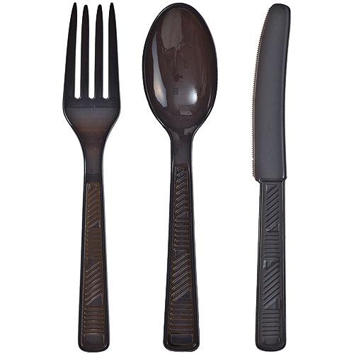 Colorful plastic cutlery set in pink, red, light blue, hot pink, silver, gold, blue, and black. Includes a fork, spoon, and knife. Durable, disposable, and perfect for events, catering, and takeout.