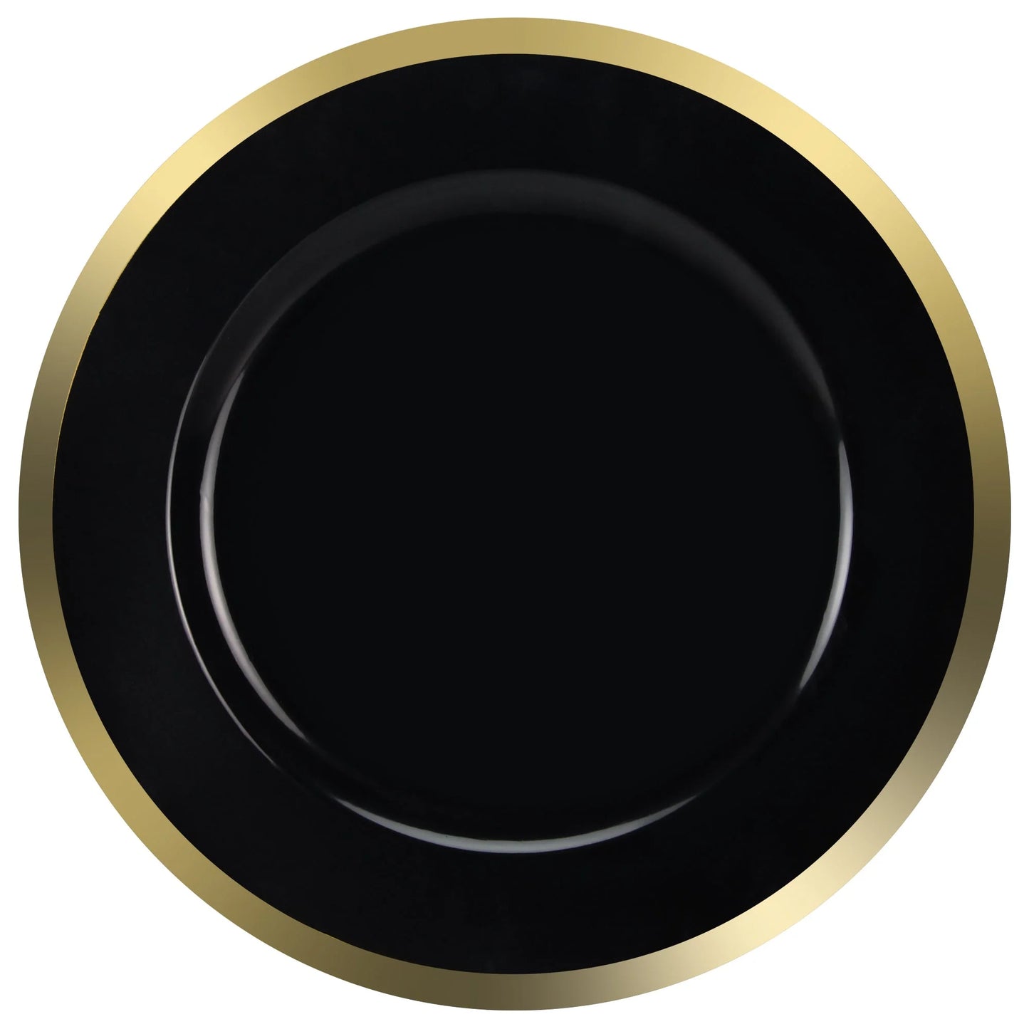 13-inch plate chargers with Black/Gold, Pearl/Gold, Clear/Gold, Clear/Silver, and Clear/Black rim options for weddings, events, and formal dining