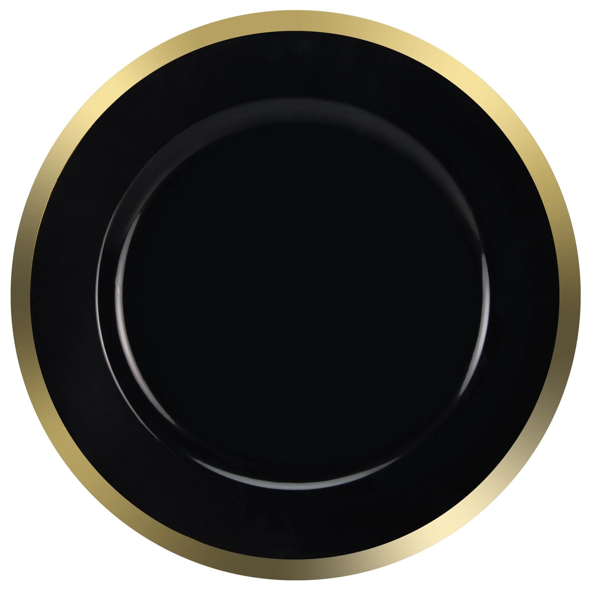 13-inch plate chargers with Black/Gold, Pearl/Gold, Clear/Gold, Clear/Silver, and Clear/Black rim options for weddings, events, and formal dining