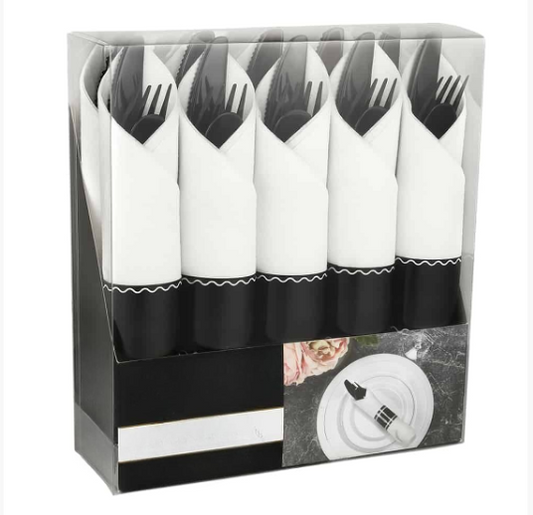Elegant Pre-Rolled Napkin Cutlery in Black, Silver, and Gold. Perfect for weddings, catering, and upscale dining. High-quality disposable set for convenience and sophistication.