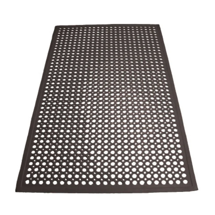 (Black, Red) Rubber Floor Mat Rolled 6/Pack the product is constructed of rubber and features a red color. For added safety, it is both anti-slip and grease resistant. This floor mat is great to have in busy kitchens to keep staff safe from falls.