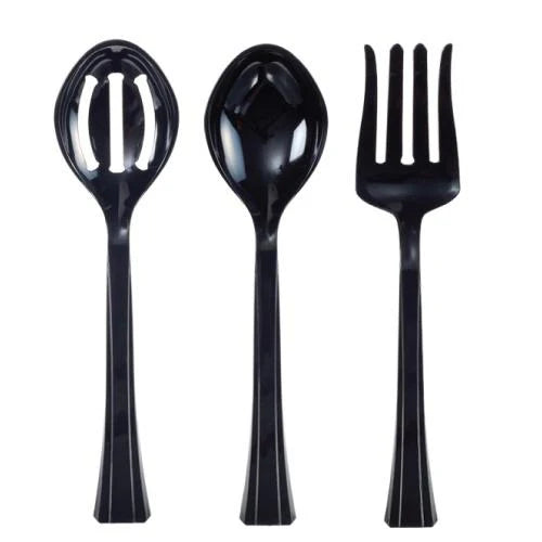 3-piece serving set featuring a salad fork, serving spoon, and slotted spoon in Clear, Pearl, and Black. Durable, lightweight, and elegant for special events or everyday dining.