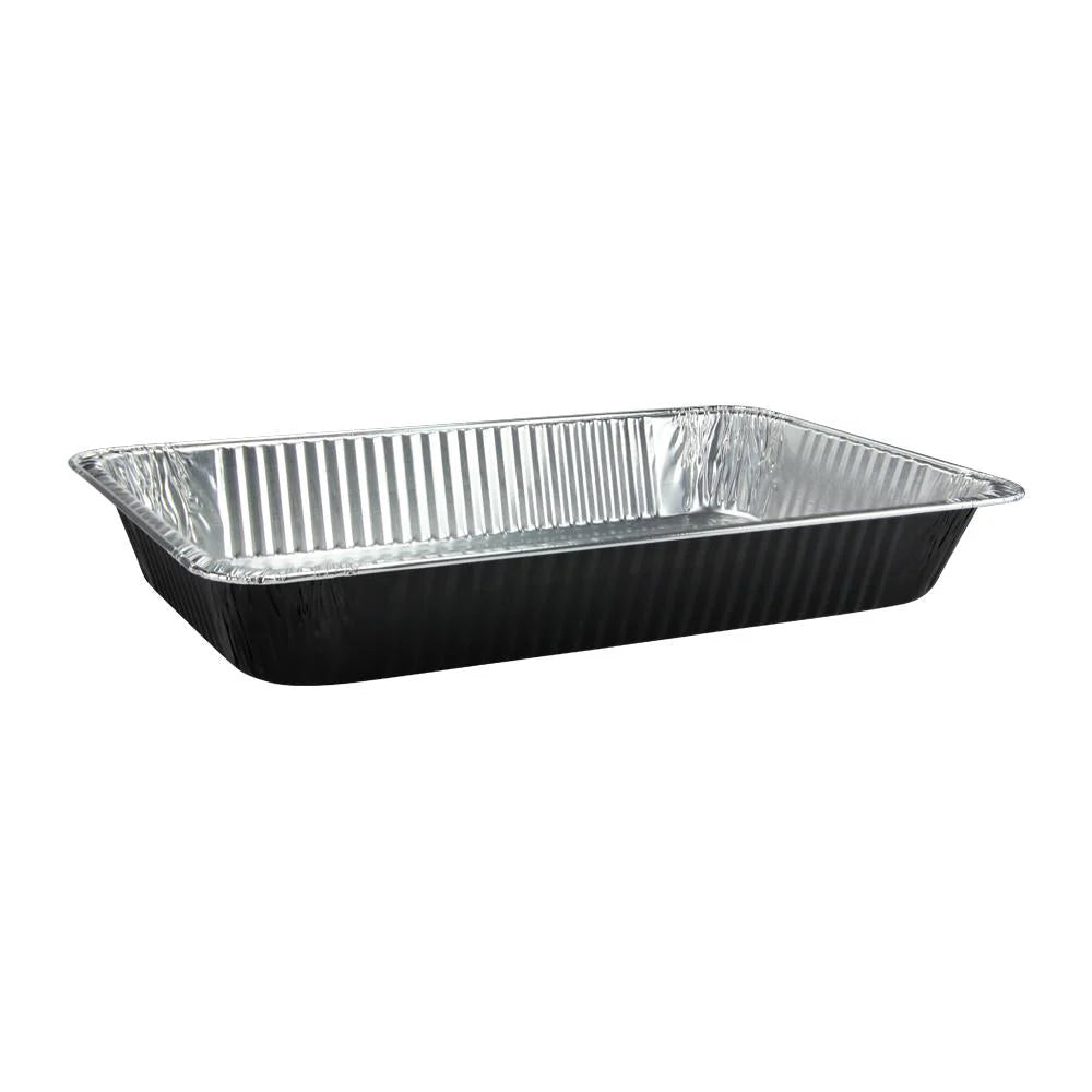 Full-size aluminum pan in red, white, black, gold, and pink. Heavy-duty, disposable, oven-safe, and durable. Great for baking, roasting, catering, and meal prep. Stylish and functional for all uses.