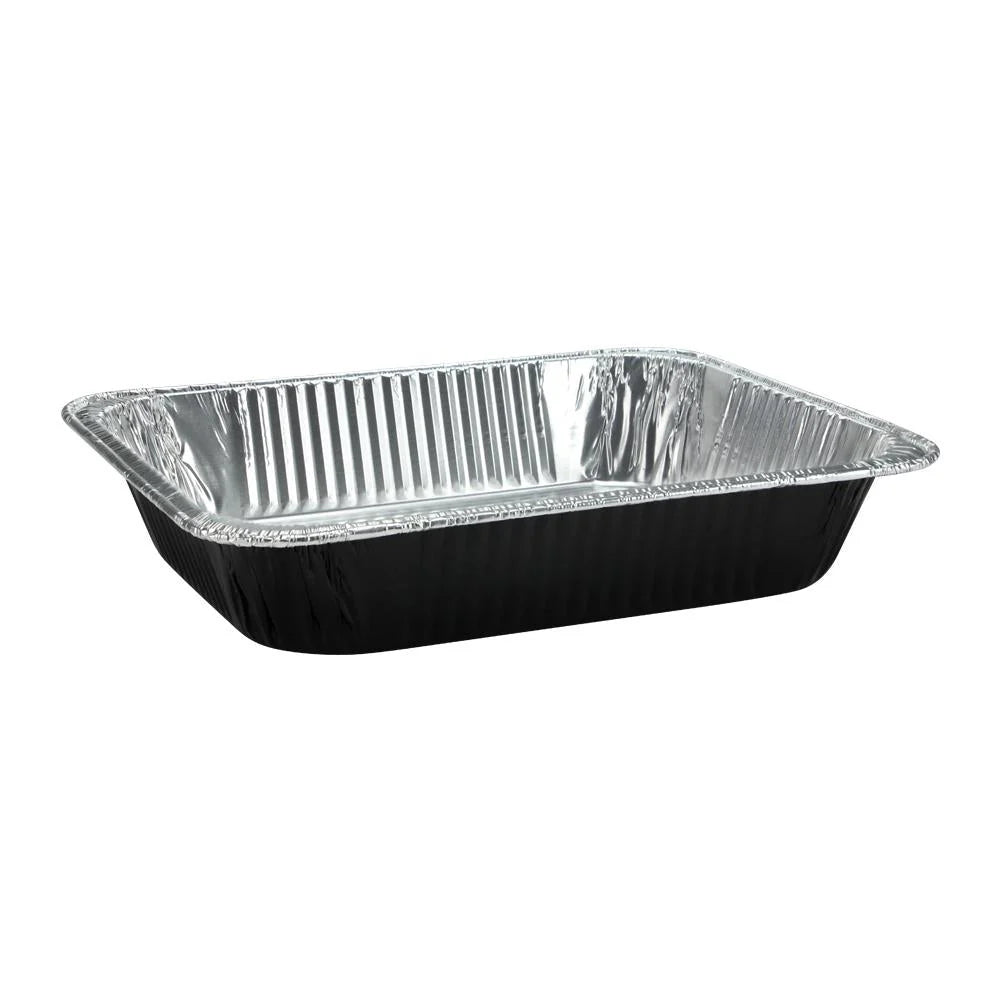 Half-size aluminum pan in red, white, black, gold, and pink. Heavy-duty, disposable, oven-safe, and durable. Perfect for baking, roasting, catering, and meal prep. Stylish and functional for all uses.