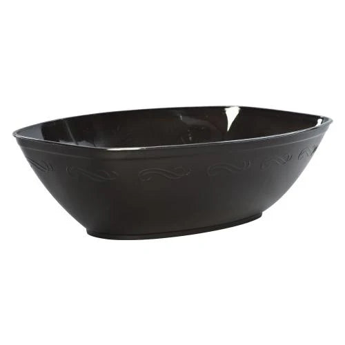 Oval Luau Bowl in Clear, White, Gold & Black. Durable plastic serving bowl for parties, luaus, and events. Ideal for serving snacks, salads, pasta, and tropical fruits. Stylish and convenient for entertaining.