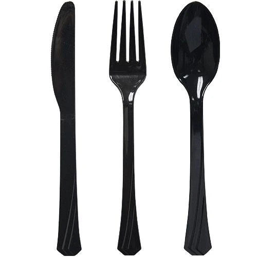 Plastic cutlery combo set with forks, knives, and spoons in Clear, Pearl, Yellow, Pink, Hydrangea, Light Blue, Silver, Gold, Island Blue, Red, Orange, Blue, Black, Hot Pink & Lime Green.