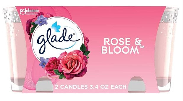 Two Glade Rose & Bloom scented candles in glass jars, 3.4 oz each, with a fresh, floral rose fragrance.