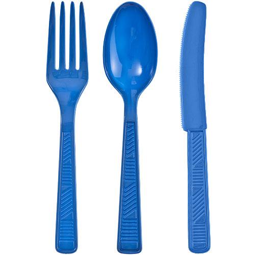 Colorful plastic cutlery set in pink, red, light blue, hot pink, silver, gold, blue, and black. Includes a fork, spoon, and knife. Durable, disposable, and perfect for events, catering, and takeout.