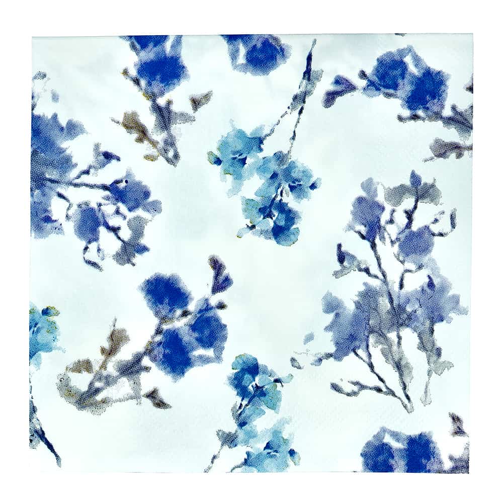 Elegant Blossoms Lunch Napkins with a vibrant floral design in blue, pink, and yellow. Perfect for parties, weddings, and events. High-quality, absorbent, and disposable for easy cleanup.