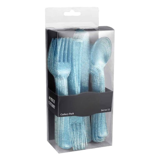 Glitter Combo Cutlery Box with premium disposable forks, knives, and spoons in Gold, Silver, Rose Gold, and Blue—perfect for weddings, parties, and catering events with a stylish, shimmering design.