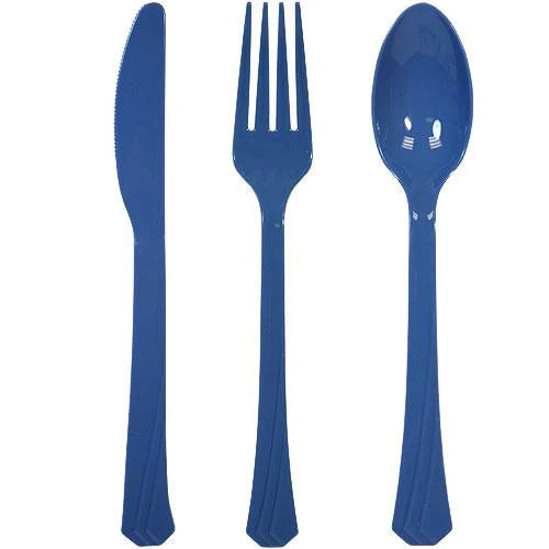 Plastic cutlery combo set with forks, knives, and spoons in Clear, Pearl, Yellow, Pink, Hydrangea, Light Blue, Silver, Gold, Island Blue, Red, Orange, Blue, Black, Hot Pink & Lime Green.