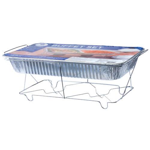 Aluminum Buffet Party Pack 8-Piece set for catering, buffets, and events. Durable, disposable, and perfect for serving hot or cold food with easy setup and cleanup. Ideal for large gatherings.