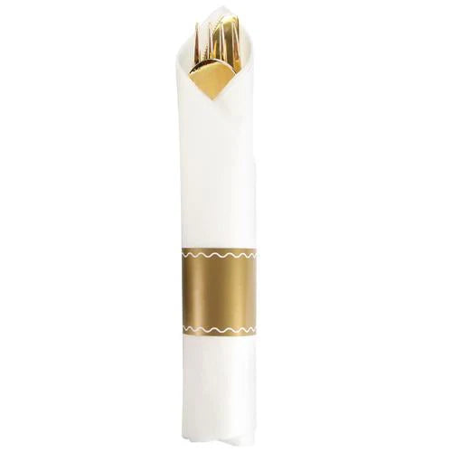 Bulk Gold Pre-Rolled Napkin Cutlery set for weddings, banquets, and upscale dining. Elegant disposable gold cutlery wrapped in a premium napkin for convenience and luxury.