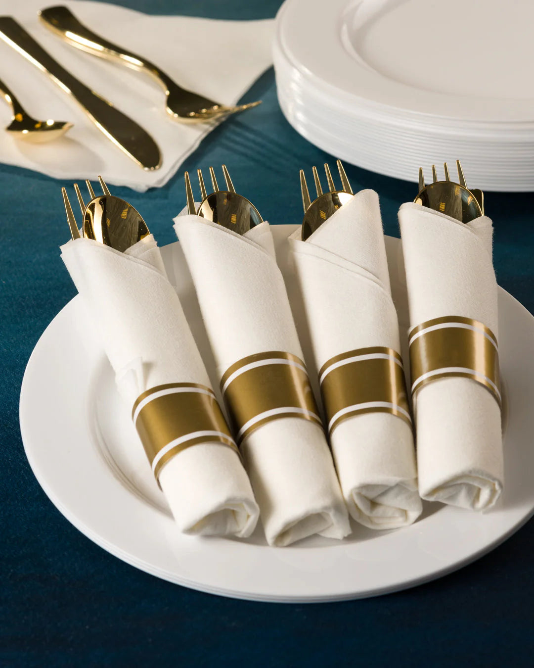 Bulk Gold Pre-Rolled Napkin Cutlery set for weddings, banquets, and upscale dining. Elegant disposable gold cutlery wrapped in a premium napkin for convenience and luxury.