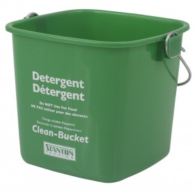 Stanton Trading 3-quart green clean bucket for soap solution, designed to meet HACCP guidelines. Features a durable plastic construction with a sturdy metal handle, clearly labeled for detergent use to ensure proper sanitation in food service environments. Ideal for food safety and commercial kitchen cleaning.