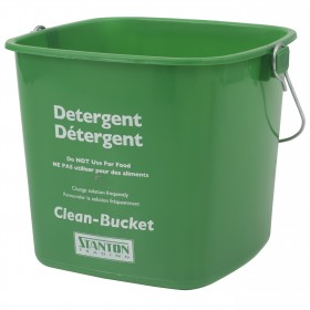 Stanton Trading 6-quart green clean bucket for soap solution, designed to meet HACCP guidelines. Features a durable plastic construction with a sturdy metal handle, clearly labeled for detergent use to ensure proper sanitation in food service environments. Ideal for food safety and commercial kitchen cleaning.