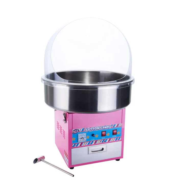 Show Time Cotton Candy Machine Plastic Cover for CCM-28 1/Pack constructed from sturdy premium quality plastic, this reliable cotton candy machine cover will keep up with the high demands of commercial use, making it an ideal piece for concession stands, country fairs, circuses and other party food businesses. Attractive and functional, this clear lid maintains product visibility to catch the attention of passers-by while protecting the cotton candy from wind and airborne matter.