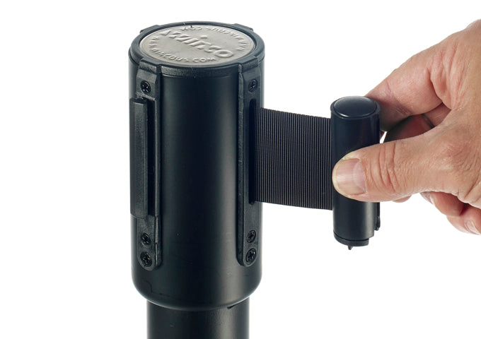 Winco CGS-SETA 2pc Black Stanchion Set with 1 Social Distancing Sign - Retail Stores, Event Venues, Restaurants and Bars and Airports and Transportation Hubs