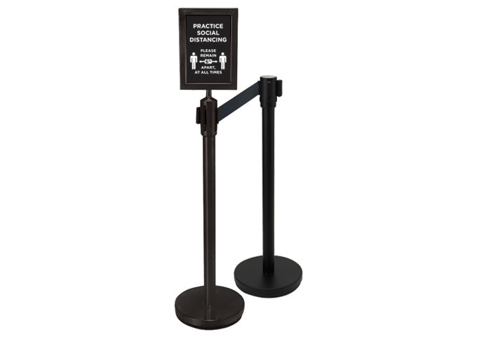 Winco CGS-SETA 2pc Black Stanchion Set with 1 Social Distancing Sign - Retail Stores, Event Venues, Restaurants and Bars and Airports and Transportation Hubs