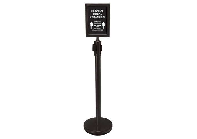 Winco CGS-SETA 2pc Black Stanchion Set with 1 Social Distancing Sign - Retail Stores, Event Venues, Restaurants and Bars and Airports and Transportation Hubs