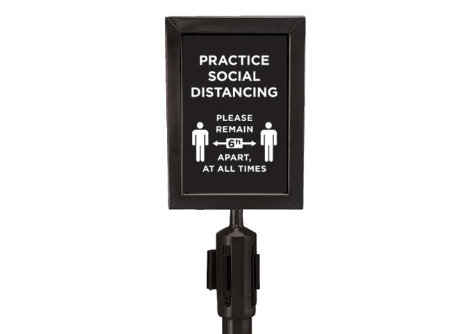 Winco CGS-SETA 2pc Black Stanchion Set with 1 Social Distancing Sign - Retail Stores, Event Venues, Restaurants and Bars and Airports and Transportation Hubs