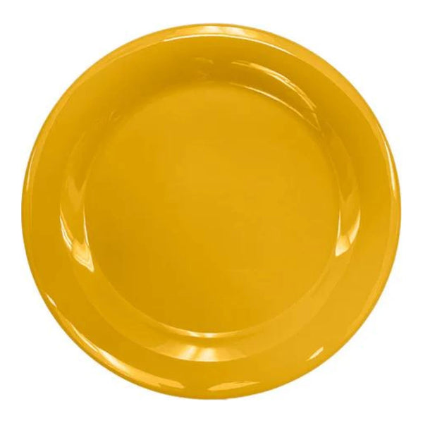 Thunder Group Narrow Rim Plate 12/Pcs embodies the look of ceramic tableware but is much more durable and affordable. This narrow rim round plate is of shatter resistant quality. It is constructed out of a heavy-duty commercial weight melamine, surpassing the restaurant and health safety standards. The plain design with a narrow rim and saturated yellow color make this melamine plate suitable for a variety of occasions and all kinds of establishments.