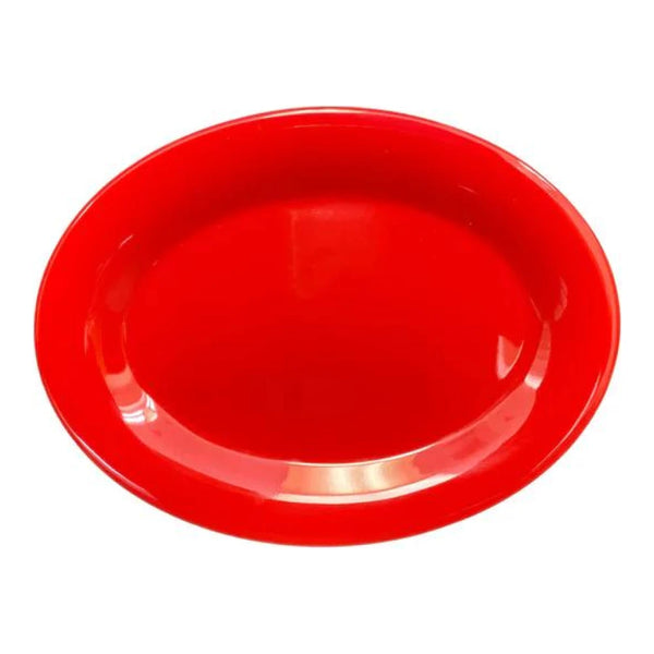 Thunder Group Platter 12/Pcs is a traditional-looking durable tableware. It is made of melamine, a popular material among professional food-services. Such pure red oval platter goes well with any interior design. There are 7 colors in the Western collection. This platter will help you serve different entrees, meats or bakery products. It is break and heat resistant, dishwasher safe. Non-toxic, NSF approved. Not for use in a microwave.