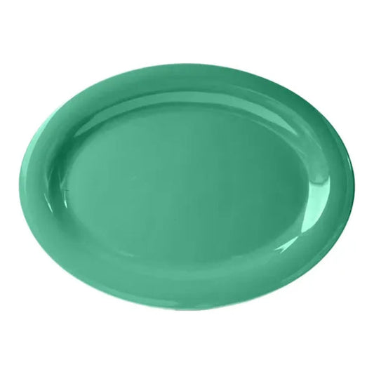 Thunder Group Platter 12/Pcs is a traditional-looking durable tableware. It is made of melamine, a popular material among professional food-services. Such green oval platter goes well with any interior design. There are 7 colors in the Western collection. This platter will help you serve different entrees, meats or bakery products. It is break and heat resistant, dishwasher safe. Non-toxic, NSF approved. Not for use in a microwave.