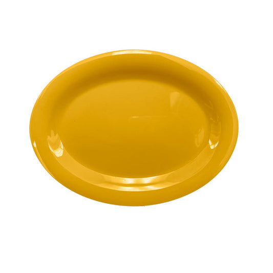 Thunder Group Platter 12/Pcs is a traditional-looking durable tableware. It is made of melamine, a popular material among professional food-services. Such yellow oval platter goes well with any interior design. There are 7 colors in the Western collection. This platter will help you serve different entrees, meats or bakery products. It is break and heat resistant, dishwasher safe. Non-toxic, NSF approved. Not for use in a microwave.