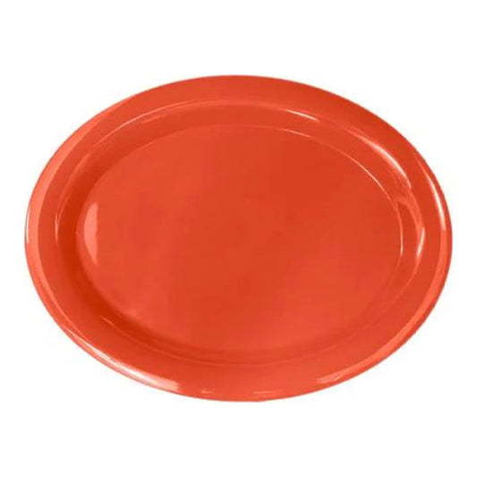 Thunder Group Platter 6/Pcs is a traditional-looking durable tableware. It is made of melamine, a popular material among professional food-services. Such orange oval platter goes well with any interior design. There are 7 colors in the Western collection. This platter will help you serve different entrees, meats or bakery products. It is break and heat resistant, dishwasher safe. Non-toxic, NSF approved. Not for use in a microwave.