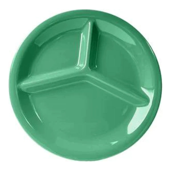 Thunder Group 3 Compartment Plate 12/Pcs is ideal for serving at a canteen, buffet, school, daycare center, long-term care facility, or catering events. Such plate design will help you to serve assorted snacks, complex portion-controlled meals, or for separating gravy/sauces. Melamine plate resists staining, scratching, breaking and chipping. This three-compartment plate is dishwasher safe and NSF listed. 