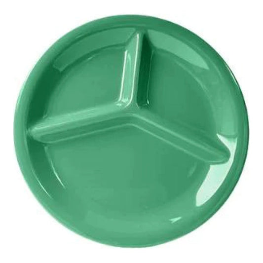 Thunder Group 3 Compartment Plate 12/Pcs is ideal for serving at a canteen, buffet, school, daycare center, long-term care facility, or catering events. Such plate design will help you to serve assorted snacks, complex portion-controlled meals, or for separating gravy/sauces. Melamine plate resists staining, scratching, breaking and chipping. This three-compartment plate is dishwasher safe and NSF listed. 