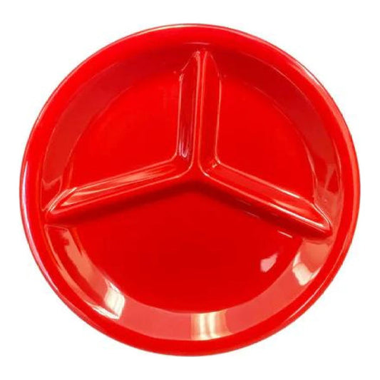 Thunder Group 3 Compartment Plate 12/Pcs is ideal for serving at a canteen, buffet, school, daycare center, long-term care facility, or catering events. Such plate design will help you to serve assorted snacks, complex portion-controlled meals, or for separating gravy/sauces. Melamine plate resists staining, scratching, breaking and chipping. This three-compartment plate is dishwasher safe and NSF listed.