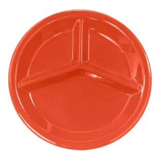 Thunder Group 3 Compartment Plate 12/Pcs is ideal for serving at a canteen, buffet, school, daycare center, long-term care facility, or catering events. Such plate design will help you to serve assorted snacks, complex portion-controlled meals, or for separating gravy/sauces. Melamine plate resists staining, scratching, breaking and chipping. This three-compartment plate is dishwasher safe and NSF listed. 