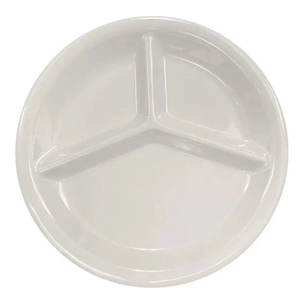 Thunder Group 3 Compartment Plate 12/Pcs is ideal for serving at a canteen, buffet, school, daycare center, long-term care facility, or catering events. Such plate design will help you to serve assorted snacks, complex portion-controlled meals, or for separating gravy/sauces. Melamine plate resists staining, scratching, breaking and chipping. This three-compartment plate is dishwasher safe and NSF listed. 