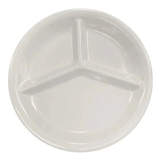 Thunder Group 3 Compartment Plate 12/Pcs is ideal for serving at a canteen, buffet, school, daycare center, long-term care facility, or catering events. Such plate design will help you to serve assorted snacks, complex portion-controlled meals, or for separating gravy/sauces. Melamine plate resists staining, scratching, breaking and chipping. This three-compartment plate is dishwasher safe and NSF listed. 