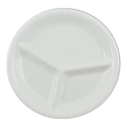 Thunder Group 3 Compartment Plate 12/Pcs is ideal for serving at a canteen, buffet, school, daycare center, long-term care facility, or catering events. Such plate design will help you to serve assorted snacks, complex portion-controlled meals, or for separating gravy/sauces. Melamine plate resists staining, scratching, breaking and chipping. This three-compartment plate is dishwasher safe and NSF listed. 
